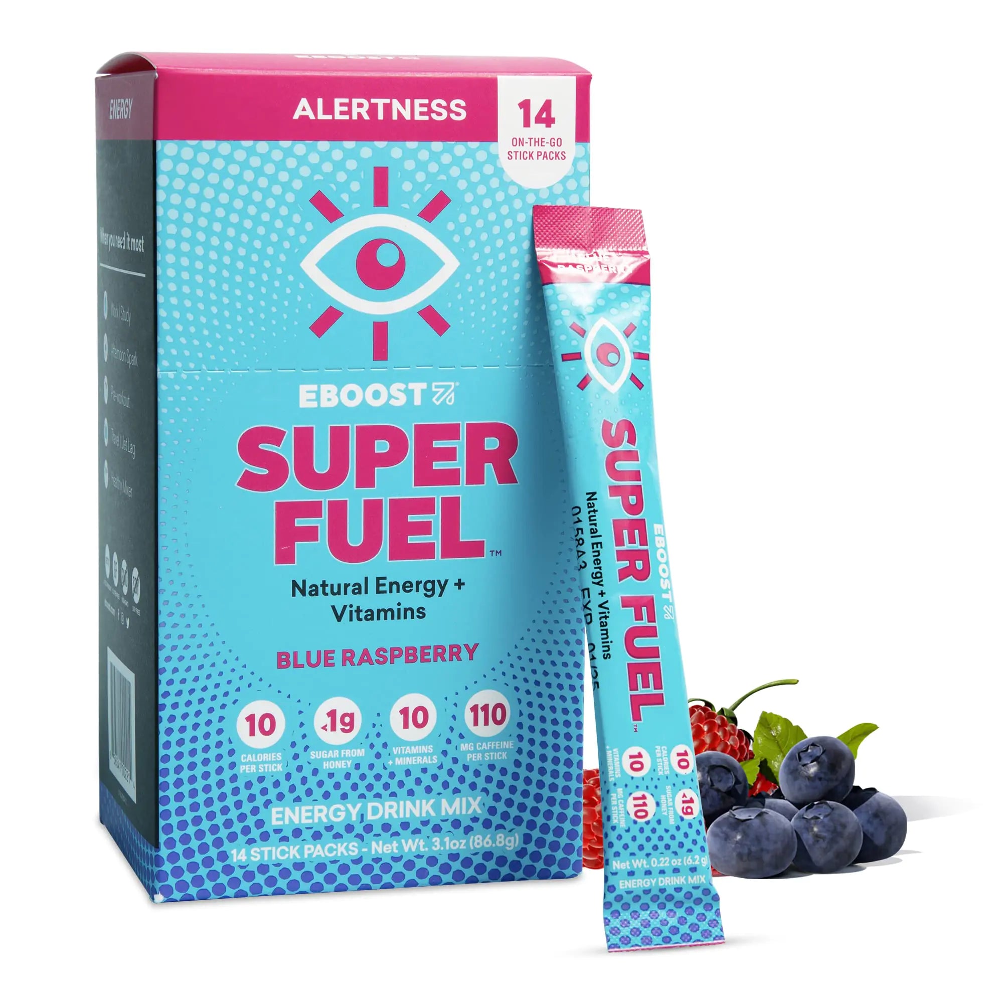 EBOOST Energy Drink Powder Super Fuel - Blue Raspberry 14 Packets - Pre-Workout Powder Energy Drink Mix - Natural Energy L-Tyrosine L-Theanine & Vitamins - Preworkout for Women & Men to Go