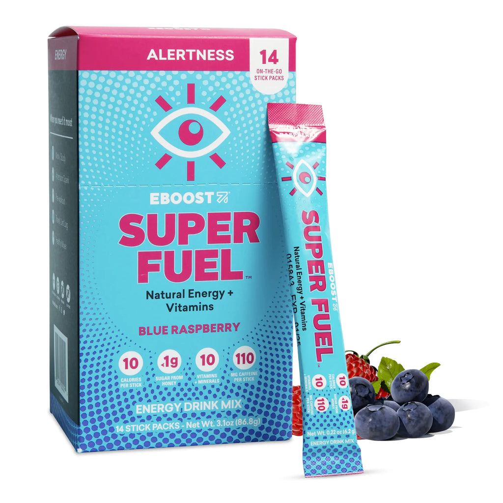 EBOOST Energy Drink Powder Super Fuel - Blue Raspberry 14 Packets - Pre-Workout Powder Energy Drink Mix - Natural Energy L-Tyrosine L-Theanine & Vitamins - Preworkout for Women & Men to Go