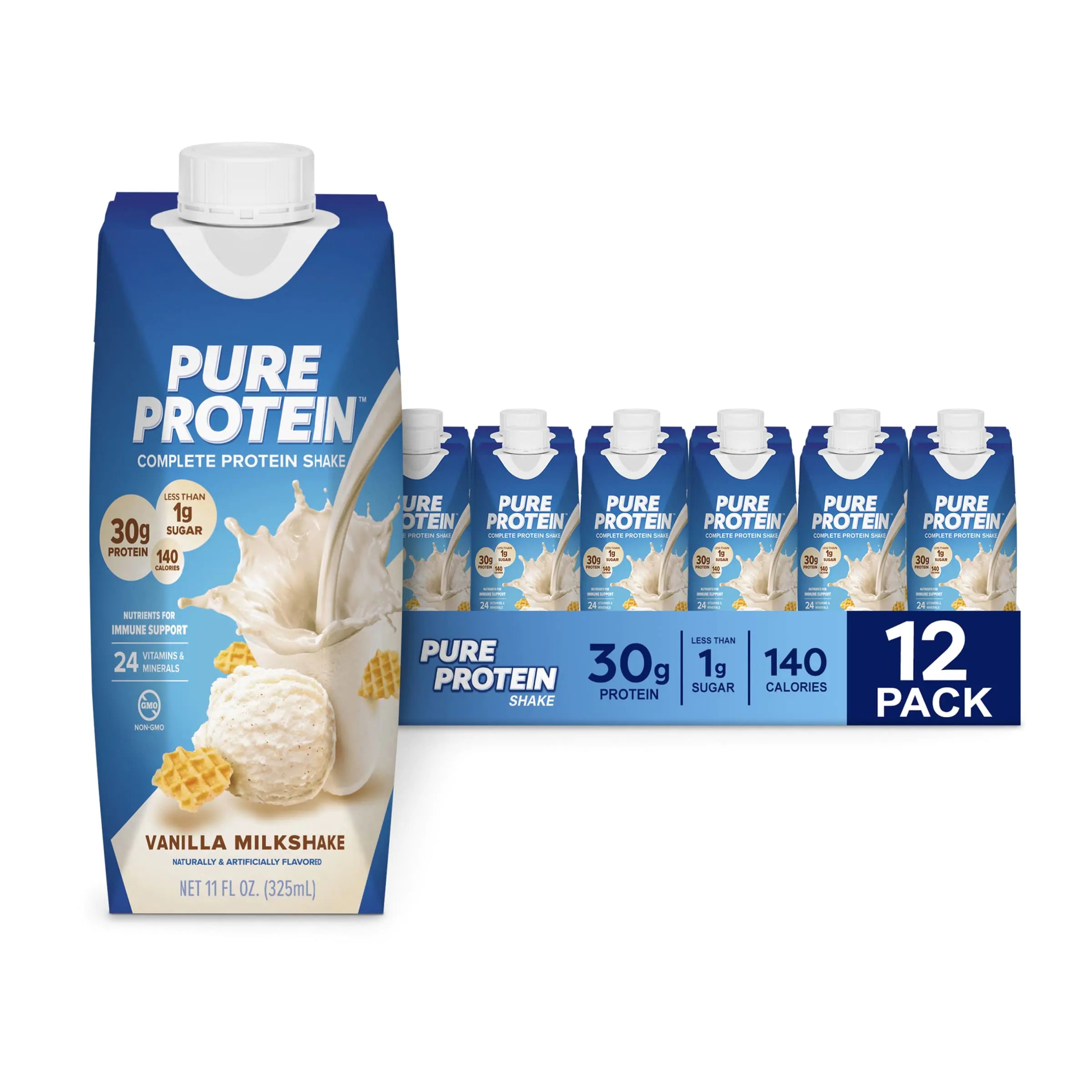 Pure Protein Vanilla Protein Shake 30g Complete Protein Vitamins A C D and E plus Zinc to Support Immune Health Ready to Drink and Keto-Friendly 11oz Bottles 12 Pack