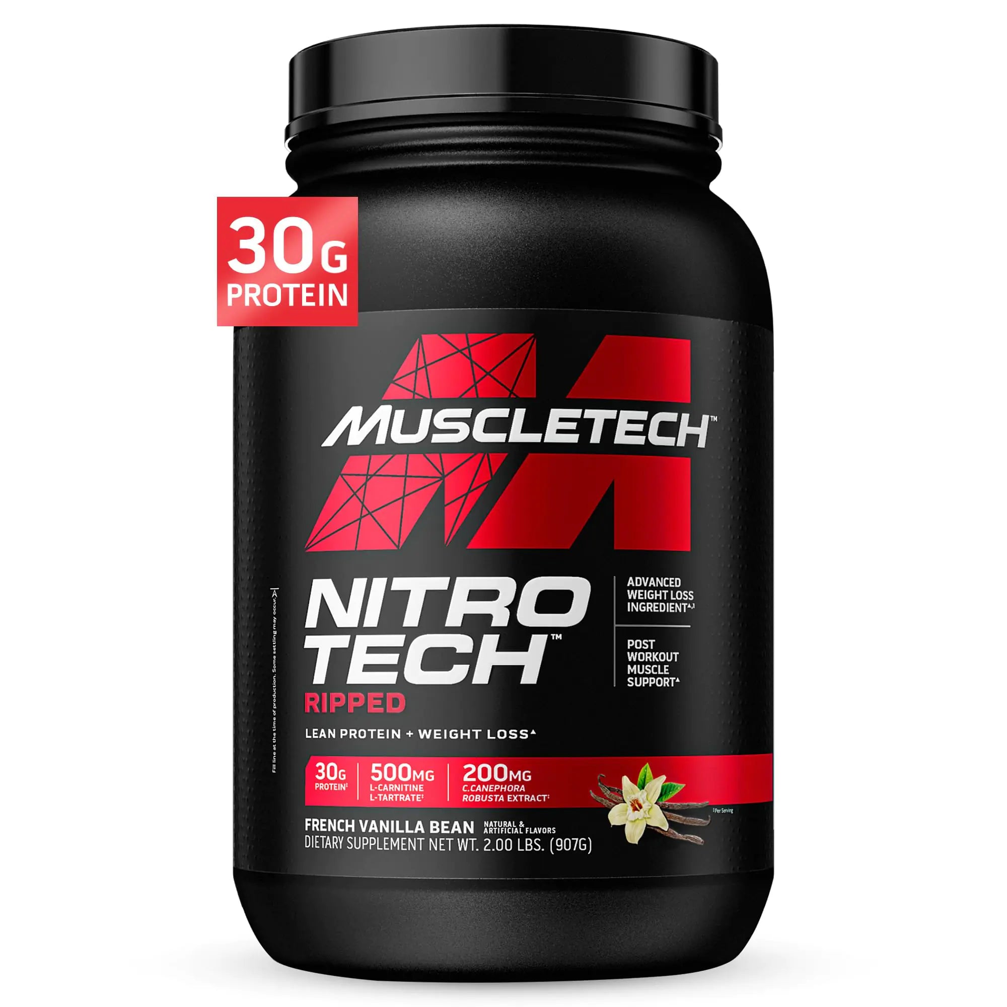 Muscletech Whey Protein Powder (French Vanilla Bean 2LB) - Nitro-Tech Ripped Whey Protein Isolate & Peptides Smoothie Mix for Lean Muscle & Fast Recovery - 30g of Whey Protein for Women & Men