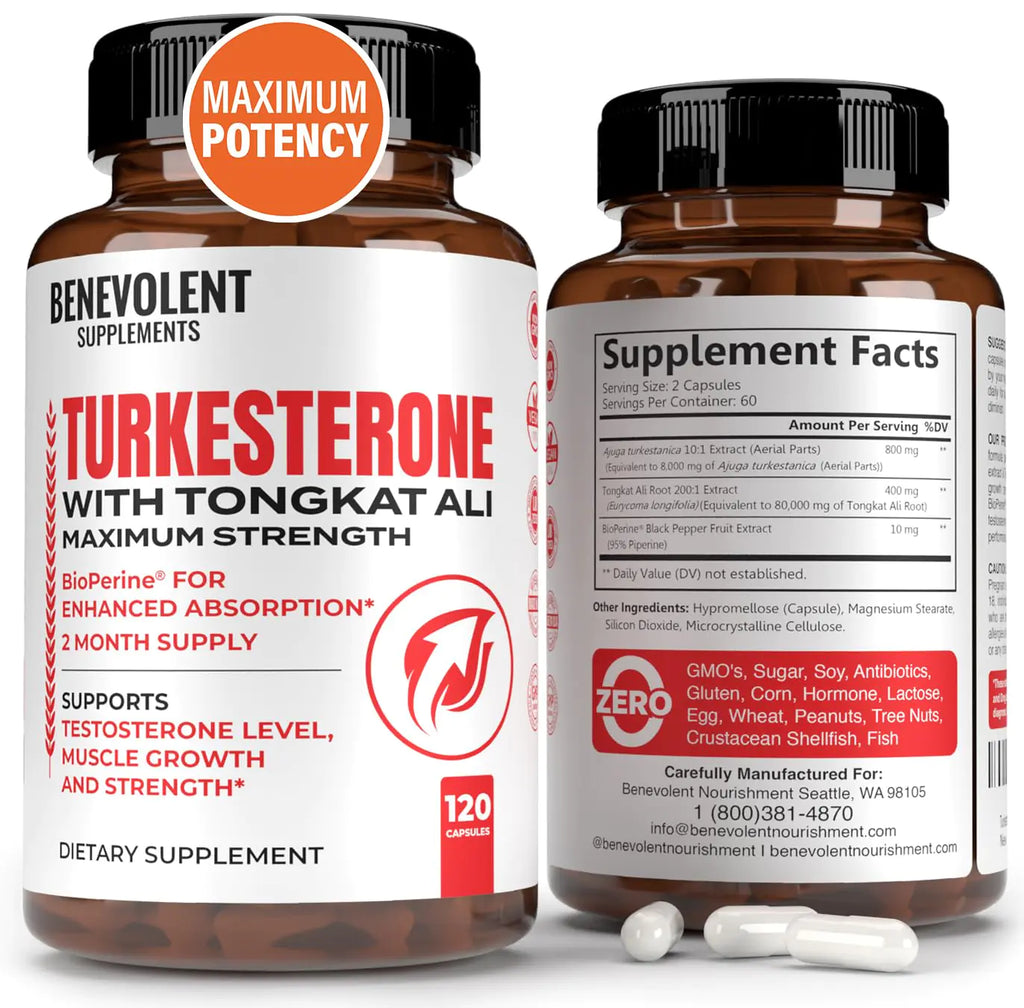 Turkesterone 8000mg [Highest Purity] + BioPerine® for High Absorption Supplement with Tongkat Ali - Increase Stamina Lean Muscle Growth & Recovery Boosts Drive 3rd Party Tested 2 Months Supply