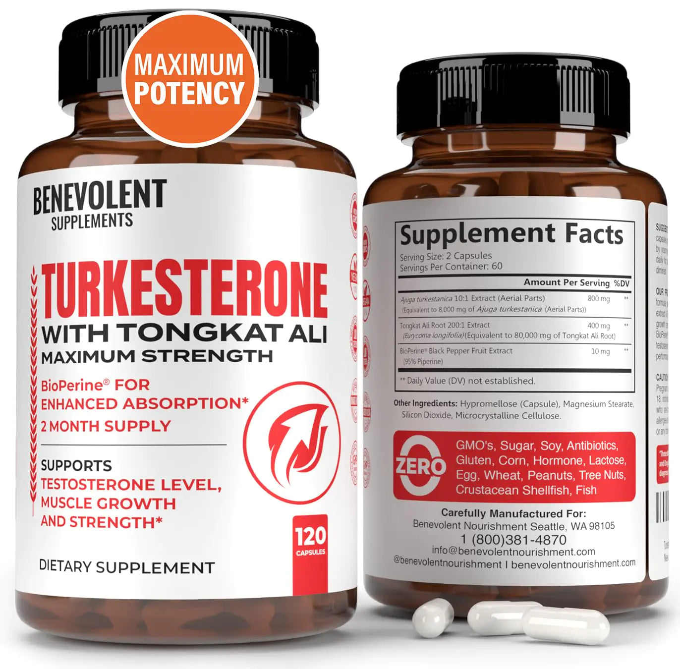 Turkesterone 8000mg [Highest Purity] + BioPerine® for High Absorption Supplement with Tongkat Ali - Increase Stamina Lean Muscle Growth & Recovery Boosts Drive 3rd Party Tested 2 Months Supply
