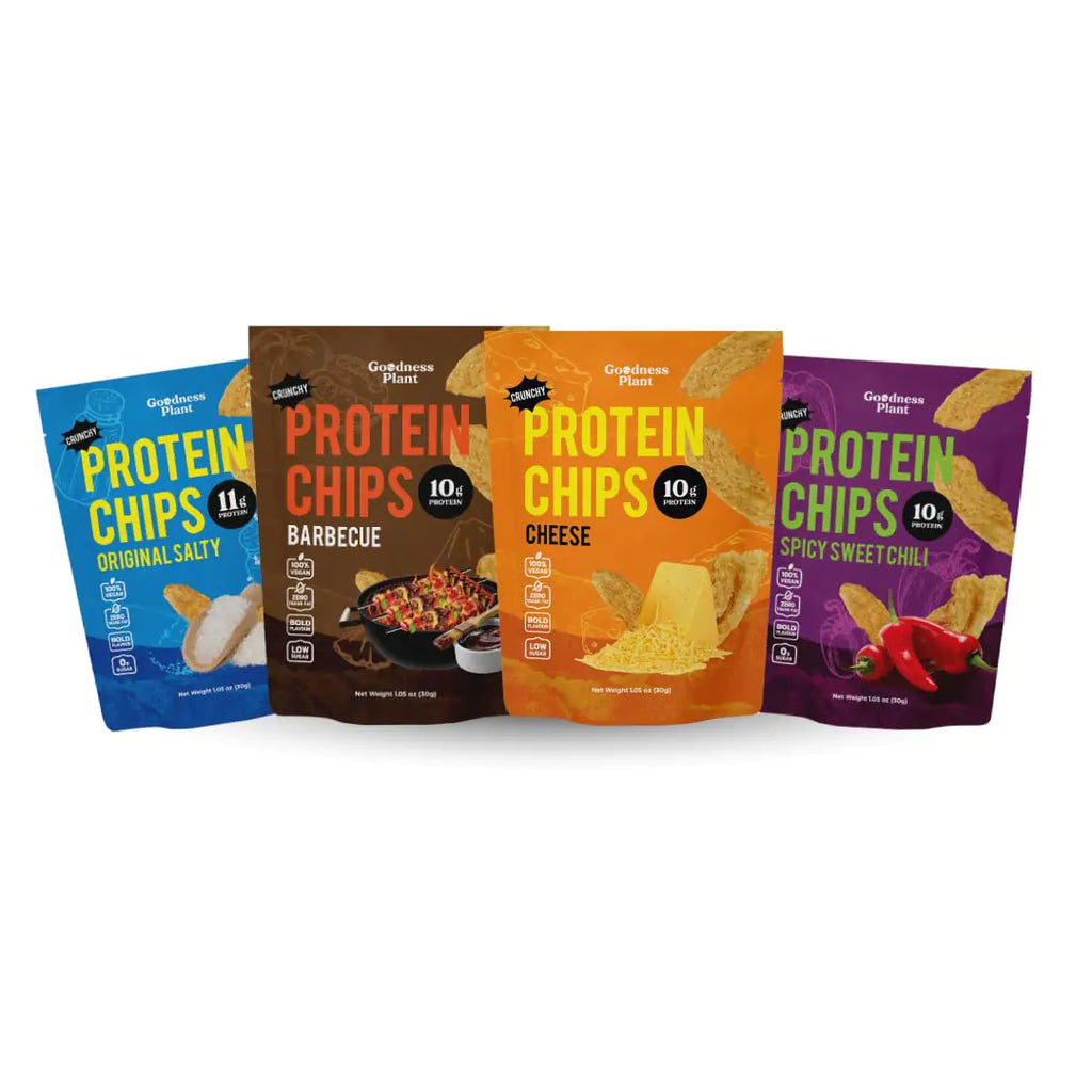 Goodness Plant Crunchy Protein Chips Sample Pack Cheese Barbecue Spicy Sweet Chili Salted High Protein Low Carb Vegan Bold Flavor Plant Based Dairy Free High Protein Snacks 1.05 oz (Pack of 4)