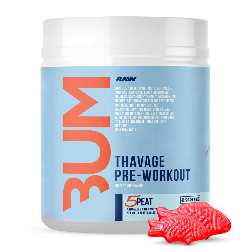 RAW Preworkout Powder Thavage (5 Peat Red Gummy) - Chris Bumstead Sports Nutrition Supplement for Men & Women - Cbum Pre Workout for Working Out Hydration Mental Focus & Energy - 40 Servings