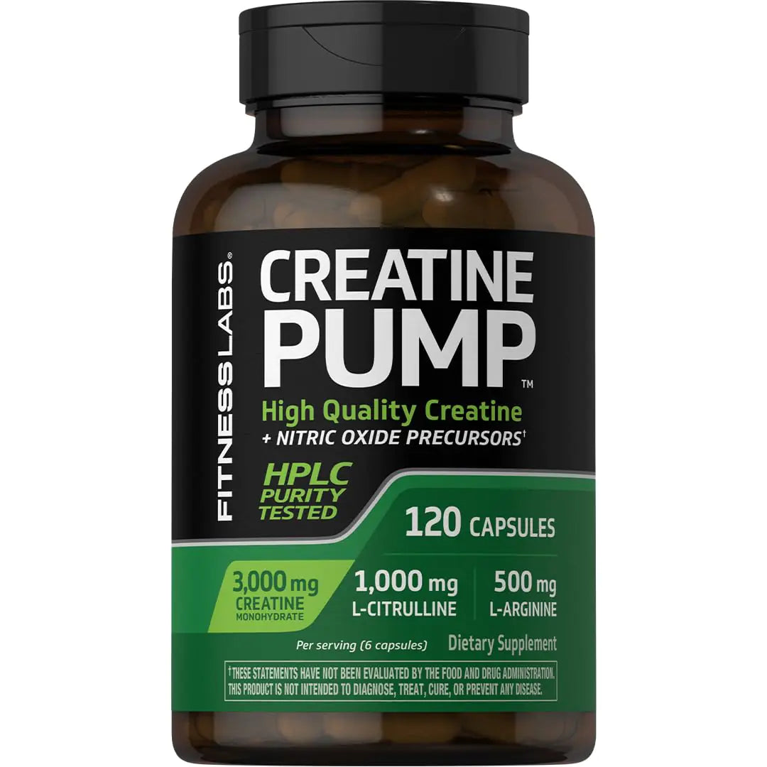 Fitness Labs Creatine Capsules | 120 Count | 3000mg | German Creatine Monohydrate | Creapure | Pump Supplement | Plus Nitric Oxide Precursor | HPLC Tested | Non-GMO