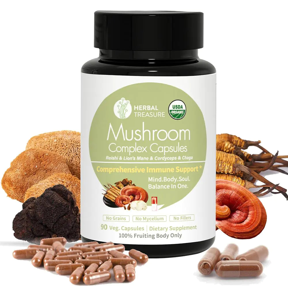 Herbal Treasure 4 in 1 Mushroom Complex Mushroom Supplement Adaptogens Supplement with Lions Mane Reishi Chaga and Cordyceps Mushroom Blend Organic Mushroom Supplement Mushroom Extract 90 Caps