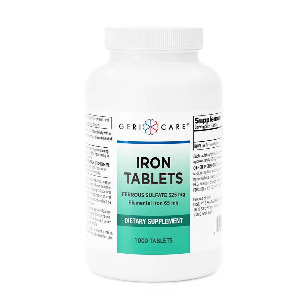 GeriCare Ferrous Sulfate Tablets 325mg Elemental Iron 65 mg High Potency Iron Supplement | Dietary Supplement 1000 Count. (Pack of 1)