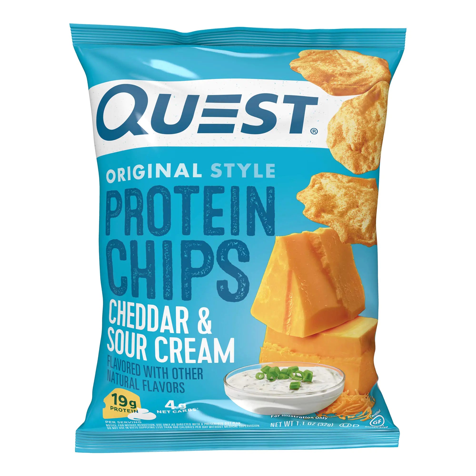Quest Nutrition Cheddar & Sour Cream Protein Chips 19g Protein 4g Net Carbs Low Carb Gluten Free 1.1 oz (Pack of 12)